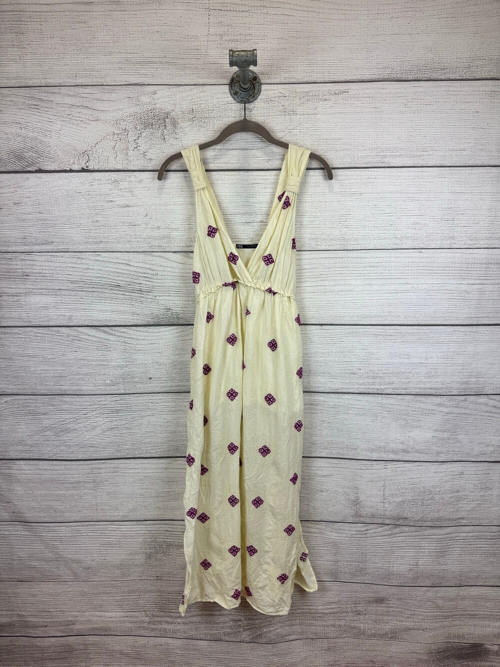 Zara Women's Cream & Purple Sleeveless Embroidered Midi Dress Size XS